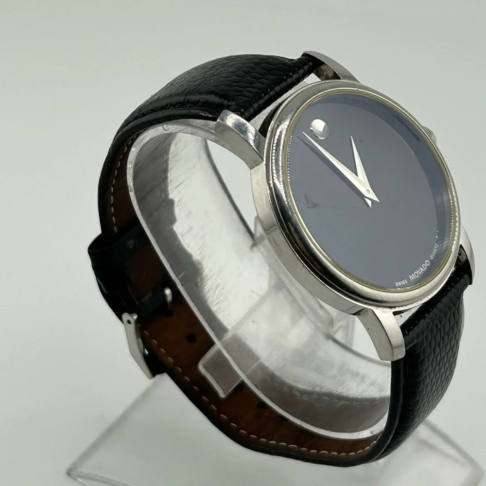 Movado Black Leather Strap Watch swiss quartz 12.396.106 #535